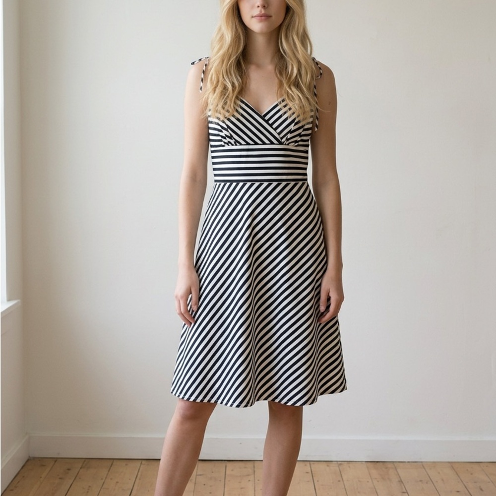 Striped A-Line V-Neck Sundress in Black and White